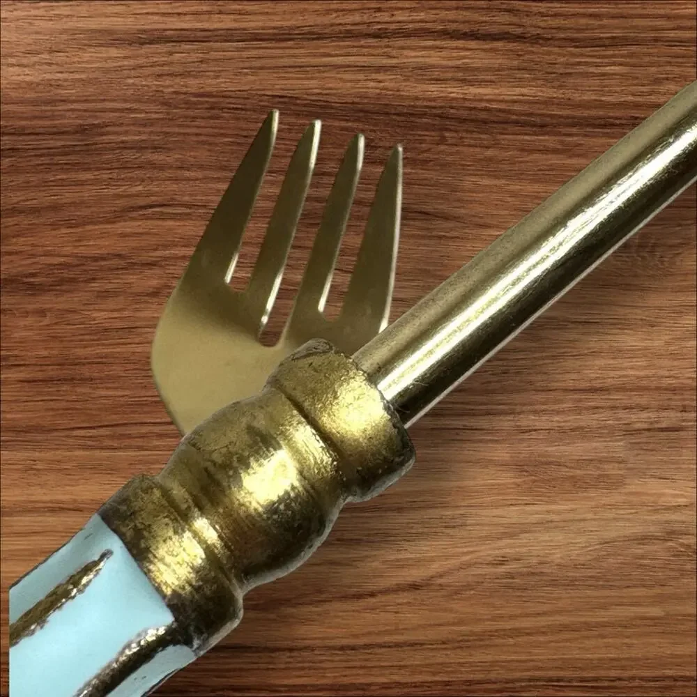 Vintage Serving Spoon & Fork Set Gold Tone Brass Handles MCM Hollywood Regency